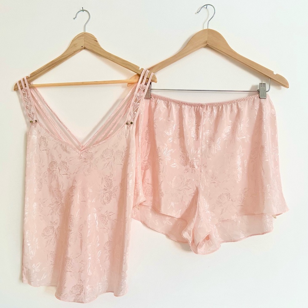 Vintage pink silky California Dynasty coquette pajama set cami shorts